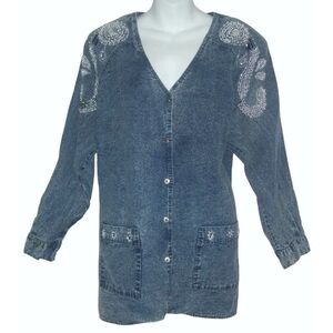 Vintage 80's Blouse Acid Wash Denim Bedazzled Studded Oversized Duster Cardigan